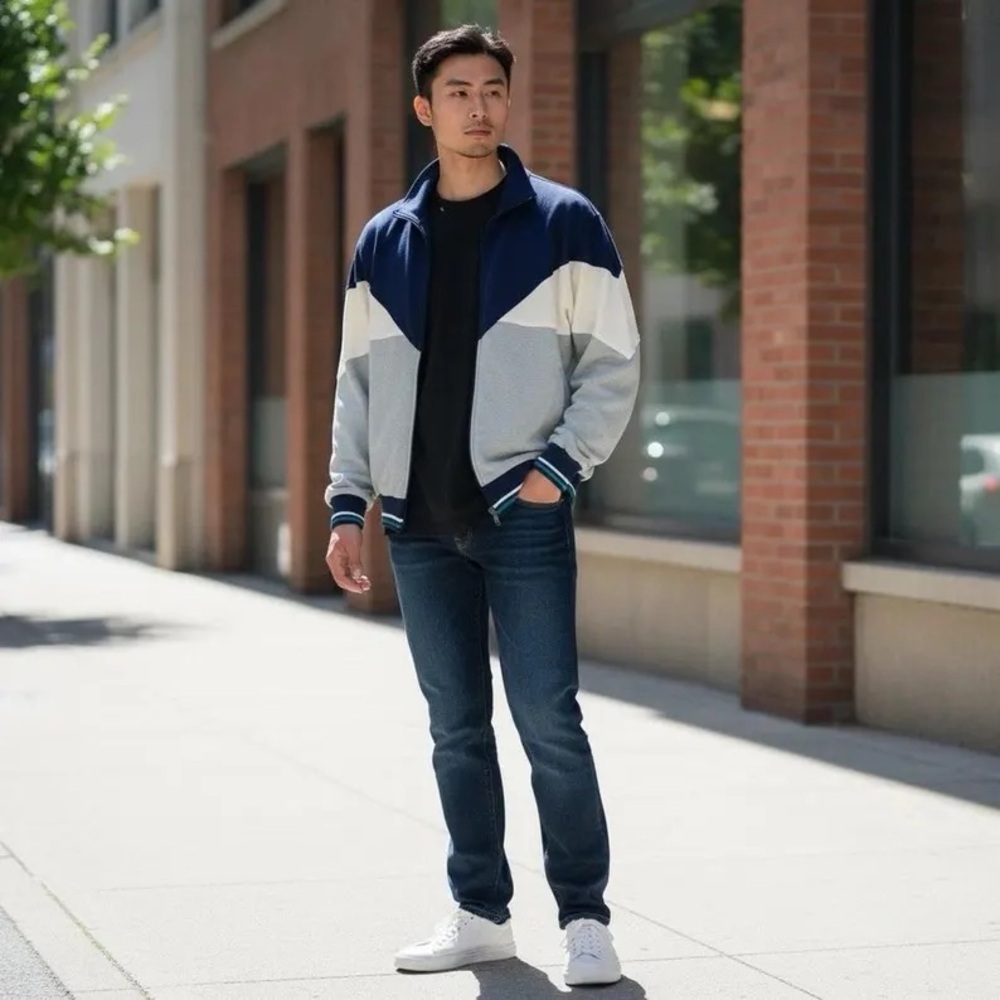 Vintage Men's Sweater Jacket Full Zip Up Colorblock Blue Ribbed Size Large Y2K